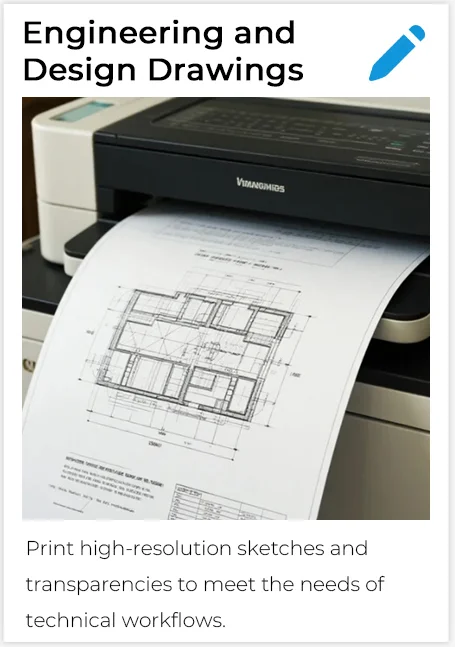 Transparency film from waterproof inkjet film delivering precise engineering drawings and schematics.