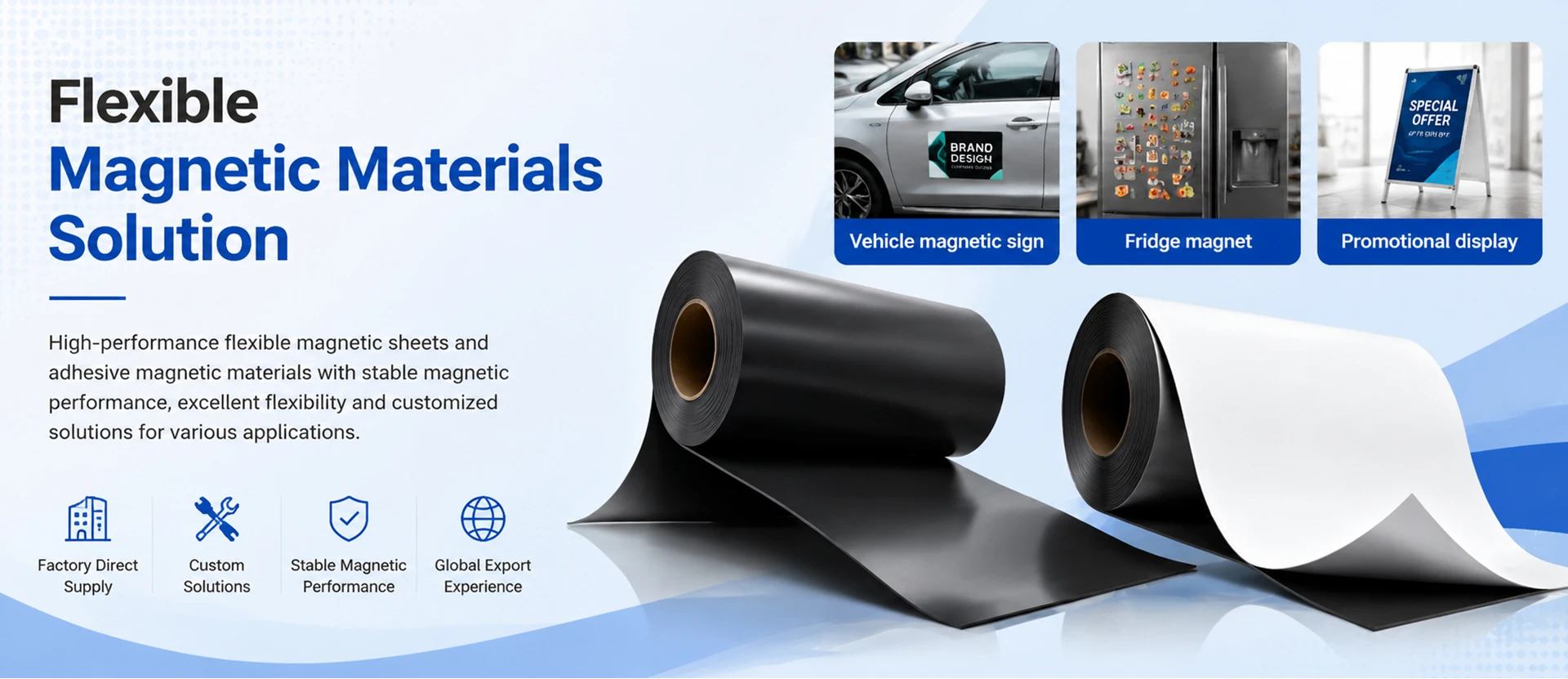 Flexible Magnetic Materials Solution - flexible magnetic sheet rolls and self-adhesive magnetic sheets for advertising, signage and crafts